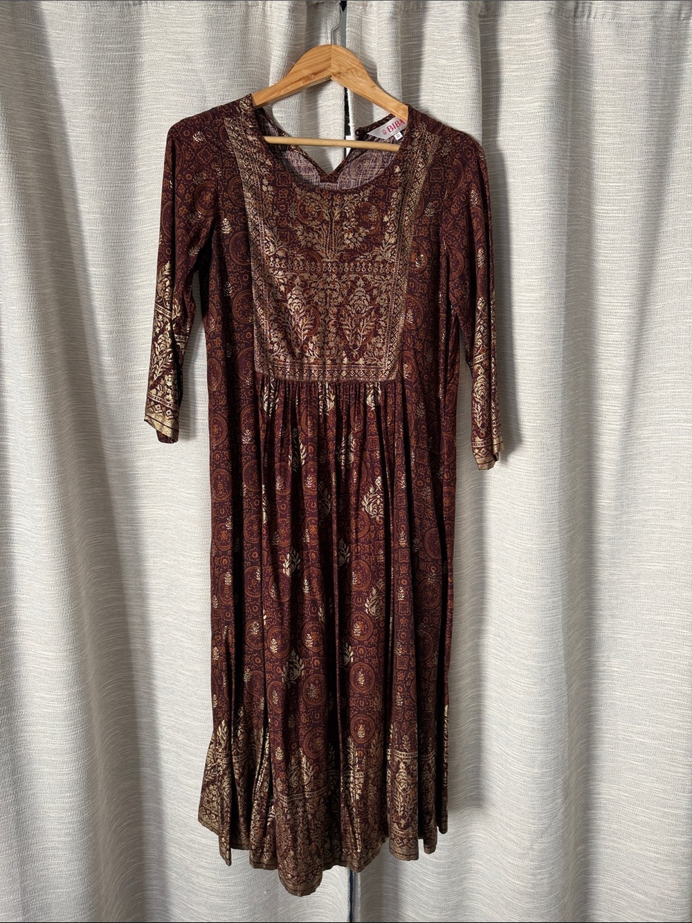 Biba Burgundy Paisley Maxi Dress with Gold Accents